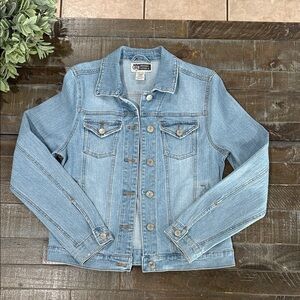 Vintage Route 66 Distressed Rhinestone Cross Denim Jacket Light Wash 90s